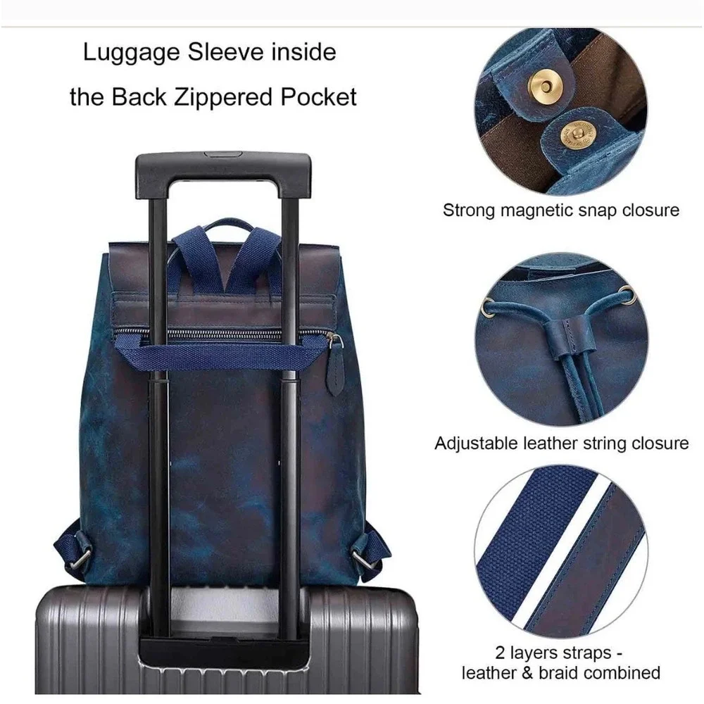 S-Zone Crazy Horse‎ Leather Backpack Dark Blue Travel Bag Purse EUC D10V143C
